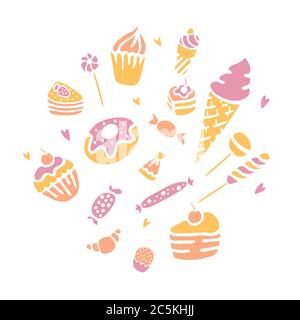 Hand drawn sweets collection. Dessert icon set Stock Vector