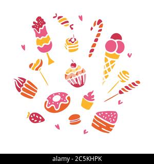 Doodle vector. Bakery,Cakes and dessert,pastries icons set. Hand drawn elements for logo,label,menu,cafe shop Stock Vector
