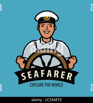 Sea captain with ship steering wheel. Vector illustration Stock Vector