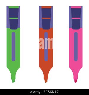 Three Colored Highlighters On A White Backdrop Stock Vector