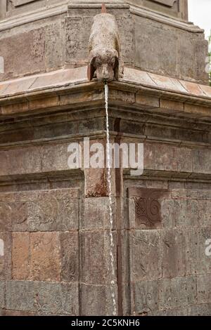 Fuente de los Perritos or Puppy Fountain outside the government palace or Palacio de Gobierno along the Plaza de Armas in the old colonial section of Santiago de Queretaro, Queretaro State, Mexico. Stock Photo