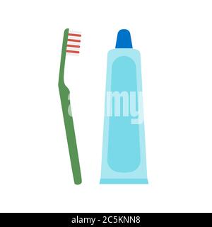 Tube of toothpaste and toothbrush on white background. Vector illustration in trendy flat style. EPS 10 Stock Vector