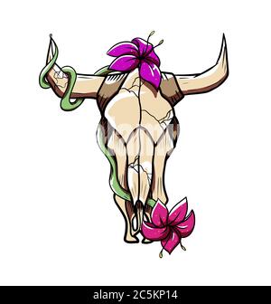 vector bull skull with lily flowers Stock Vector