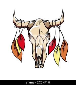 vector bull skull with leaves on the horns Stock Vector
