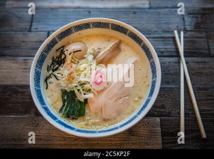Japanese ramen with chicken, vegetables and egg Stock Photo