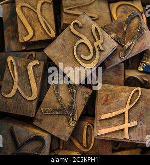 Old fashioned letterpress type letters for sale at a flea market, brimfield, massachusetts Stock Photo