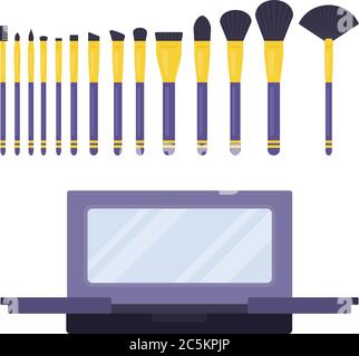 Makeup brush set and shadow case with mirror vector icon flat isolated illustration Stock Vector