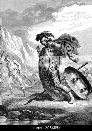 An engraved vintage illustration image of David and Goliath from a Victorian book titled 'The Child's Bible' dated 1883 that is no longer in copyrigh Stock Photo