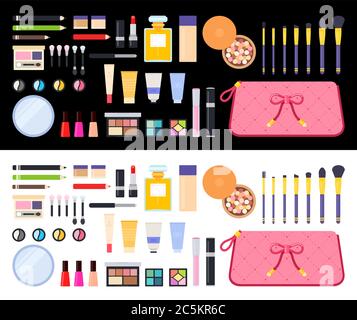 Nail polish, mascara, lipstick, eye shadows, brush, powder, lip gloss, handwritten lettering vector flat icons. Isolated on white and black Stock Vector