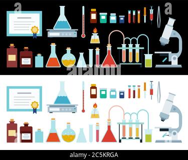 Chemical Laboratory Equipment. Science, education, chemistry, experiment, laboratory concept. Vector flat icons. Isolated on white and black Stock Vector