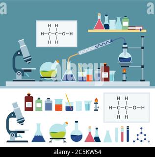 Laboratory chemical equipment vector illustration and collection in flat style. Stock Vector