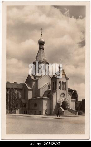 Orthodox Church dedicated to Saint Gorazd in Olomouc, Czechoslovakia, now Czech Republic, depicted in the Czechoslovak undated vintage postcard dated probably from the 1950s. The church was designed and built in 1937-1939 by Czechoslovak orthodox priest Vsevolod Kolomackij, later known as Andrej Kolomacký. Courtesy of the Azoor Postcard Collection. Stock Photo