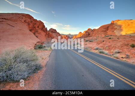 Nevada Highway 169 is a Nevada state scenic byway. The two lane highway goes through the Valley of Fire offering scenic mountain and desert views. Stock Photo