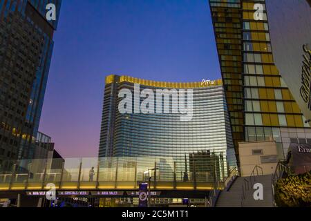 Las Vegas, Nevada, USA - February 20, 2020: Early morning light over the Las Vegas Strip City Center with the Crystals Shops and the Aria Resort. Stock Photo