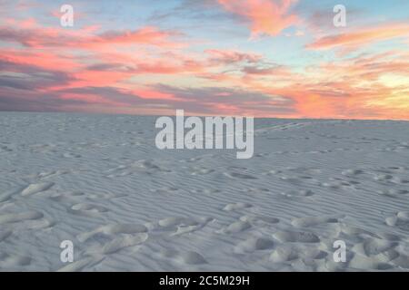 Desert Sand Dune Sunset. Sunset over the gypsum dunes at the White Sands of New Mexico Stock Photo