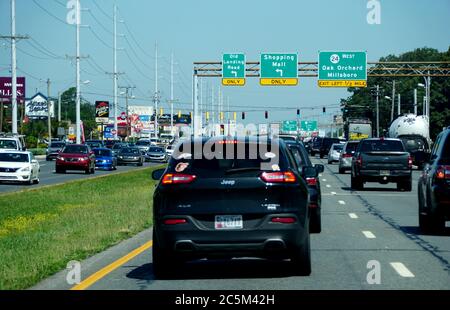 Rehoboth Beach, Delaware, U.S.A - June 29, 2020 - The view of busy traffic in the summer on Route 1
