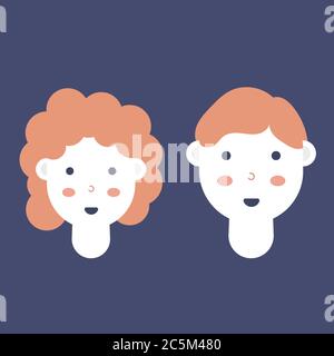 Vector illustration of man and woman with chestnut color hair on white background. Face in front view. Stock Vector