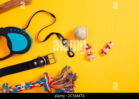 Toys -multi coloured rope, ball, leather leash and bone. Accessories for play and training on yellow background top view Stock Photo