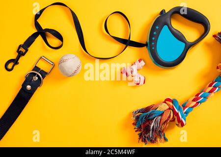 Toys -multi coloured rope, ball, leather leash and bone. Accessories for play and training on yellow background top view Stock Photo