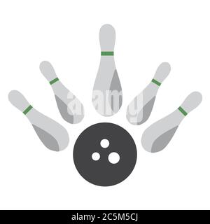 Bowling ball crashing into the pins on white background. Vector illustration in trendy flat style. EPS 10 Stock Vector