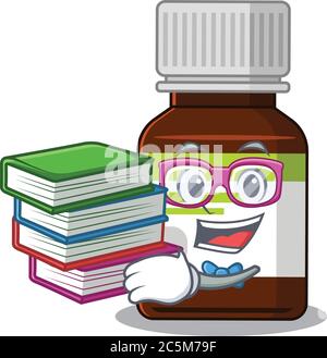 A diligent student in antibiotic bottle mascot design concept read many books Stock Vector