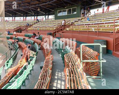 June 29, 2020: Seats at Historical Sanford Stadium are taped off to promote social distancing during Florida Collegiate Summer League game action between the Sanford Mavericks and the Sanford River Rats at Historical Sanford Stadium in Sanford, FL Romeo T Guzman/Cal Sport Media Stock Photo