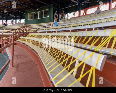 June 29, 2020: Seats at Historical Sanford Stadium are taped off to promote social distancing during Florida Collegiate Summer League game action between the Sanford Mavericks and the Sanford River Rats at Historical Sanford Stadium in Sanford, FL Romeo T Guzman/Cal Sport Media Stock Photo