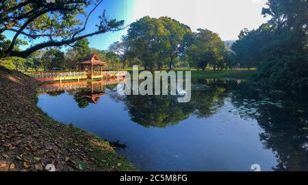 Footbridge over a lake, blue sky, trees and reflections in the water Stock Photo