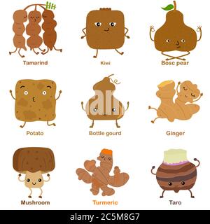 Cute vector of square shaped smiling fruit, vegetable with happy face in brown color - Tamarind Kiwi Pear Potato Bottle gourd Ginger Mushroom Turmeric Stock Vector