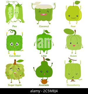 Cute vector of square shaped smiling fruit, vegetable with happy face in green color - Pea Coconut Pear Cucumber Lime Guava Sugar Apple Avocado Gooseb Stock Vector