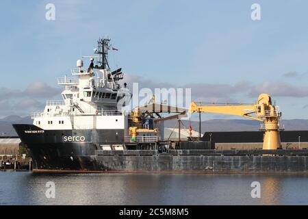 SD Northern River, a multi-purpose auxiliary vessel operated by Serco Marine Services, at Great Harbour, Greenock, on the Firth of Clyde. Stock Photo