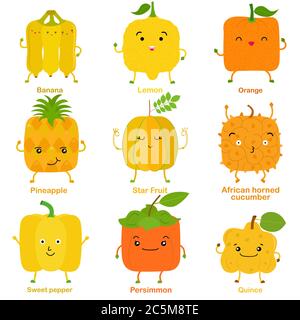 Cute vector of square shaped smiling fruit, vegetable with happy face in yellow color - Banana Lemon Orange Pineapple Star fruit cucumber pepper persi Stock Vector