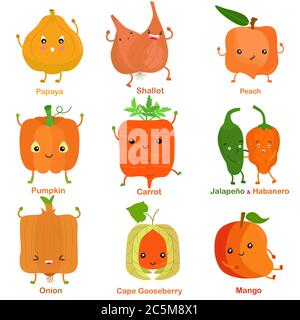 Cute vector of square shaped smiling fruit, vegetable with happy face in yellow orange color - Papaya Shallot Peach Pumpkin Carrot Jalapeno Habanero O Stock Vector