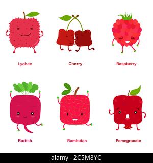 Cute vector of square shaped smiling fruit, vegetable with happy face in red color - Lychee Cherry Raspberry Radish Rambutan Pomegranate. Colorful ill Stock Vector