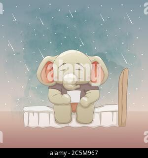 sad baby elephant on the bed. hand drawn vector art style Stock Vector