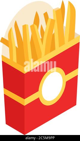 French fries in paper box, isolated. Vector illustration, flat design. French fries fast food in a red package. Stock Vector