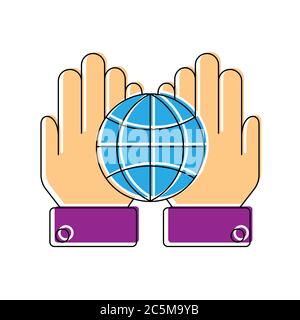 Globe on outstretched palms, simple vector icon, color filled contour isolated on a white background Stock Vector