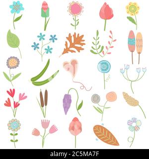 Pastel hand drawn flower leaf, cute illustration vector doodle set as graphic design floral elements Stock Vector