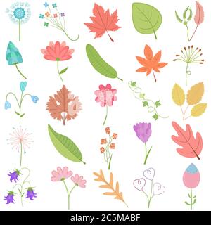 Pastel hand drawn flower leaf, cute illustration vector doodle set as graphic design floral elements Stock Vector