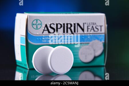 POZNAN, POL - JAN 17, 2020: Package of Aspirin, brand of popular medication, the first and best-known product of Bayer, German multinational pharmaceu Stock Photo