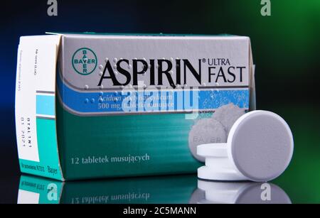 POZNAN, POL - JAN 17, 2020: Package of Aspirin, brand of popular medication, the first and best-known product of Bayer, German multinational pharmaceu Stock Photo