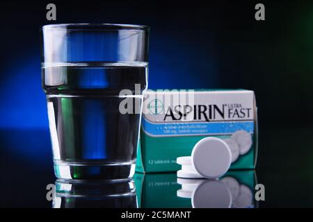 POZNAN, POL - JAN 17, 2020: Package of Aspirin, brand of popular medication, the first and best-known product of Bayer, German multinational pharmaceu Stock Photo