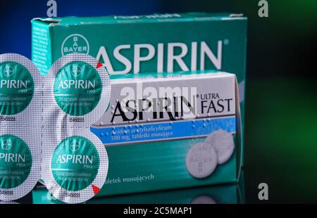 POZNAN, POL - JAN 17, 2020: Package of Aspirin, brand of popular medication, the first and best-known product of Bayer, German multinational pharmaceu Stock Photo