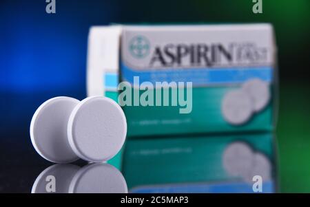 POZNAN, POL - JAN 17, 2020: Package of Aspirin, brand of popular medication, the first and best-known product of Bayer, German multinational pharmaceu Stock Photo