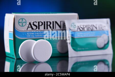 POZNAN, POL - JAN 17, 2020: Package of Aspirin, brand of popular medication, the first and best-known product of Bayer, German multinational pharmaceu Stock Photo