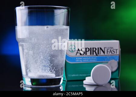 POZNAN, POL - JAN 17, 2020: Package of Aspirin, brand of popular medication, the first and best-known product of Bayer, German multinational pharmaceu Stock Photo