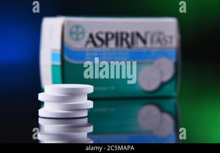 POZNAN, POL - JAN 17, 2020: Package of Aspirin, brand of popular medication, the first and best-known product of Bayer, German multinational pharmaceu Stock Photo