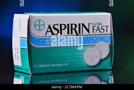 POZNAN, POL - JAN 17, 2020: Package of Aspirin, brand of popular medication, the first and best-known product of Bayer, German multinational pharmaceu Stock Photo