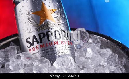 POZNAN, POL - JAN 17, 2020: Cans of Sapporo beer, a product of Sapporo Breweries, a Japanese beer brewing company founded in 1876. Stock Photo