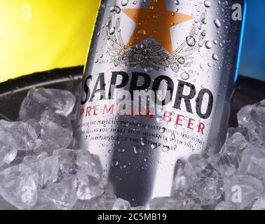 POZNAN, POL - JAN 17, 2020: Cans of Sapporo beer, a product of Sapporo Breweries, a Japanese beer brewing company founded in 1876. Stock Photo